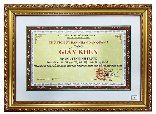 4 năm liền Chủ tịch Tập đoàn Hưng Thịnh nhận bằng khen của UBND Quận 3 – TP.HCM