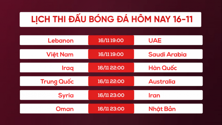 Lịch thi đấu bóng đá hôm nay 16/11: ĐT Việt Nam so tài với ĐT Saudi Arabia